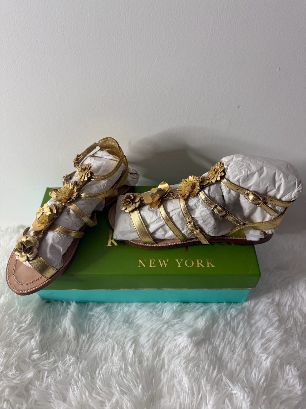 kate spade Metallic Gold Floral Gladiator Sandals